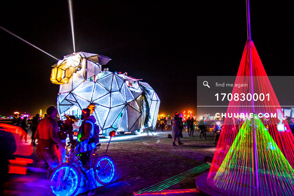 170830001 | 
The BAAAHS art car on the playa with Luster Cluster, Tuesday night of the burn.
Meet Pearl, the ... | Team Chuubie