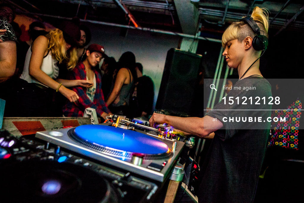151212128 | 
DJ Volvox (Discwoman) at decks w/ dance floor crowd at Brooklyn warehouse party.
— Sublimate &am... | Team Chuubie