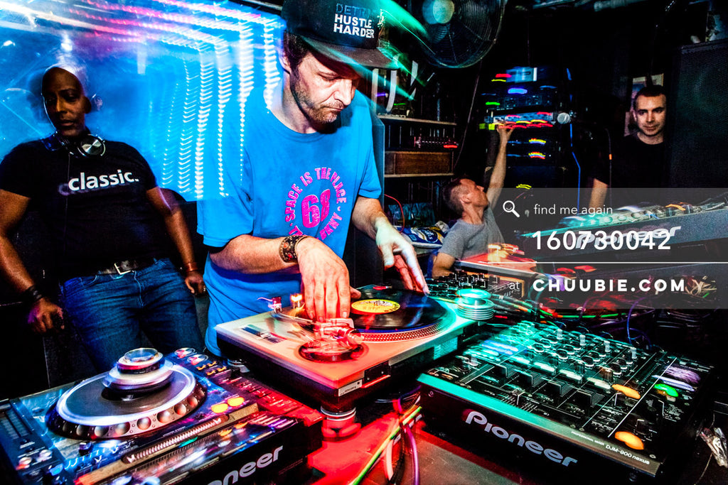 160730042 | DJ Donny Burlin at the turntables, mid-action light trails with John Ciafone (Chiapet) and Lem Sp... | Team Chuubie
