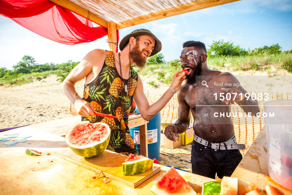 150719083 | 
Bearded Brothers sell fresh watermelon at the beach playa cabana.
—Gratitude Migration 2015: Sum... | Team Chuubie