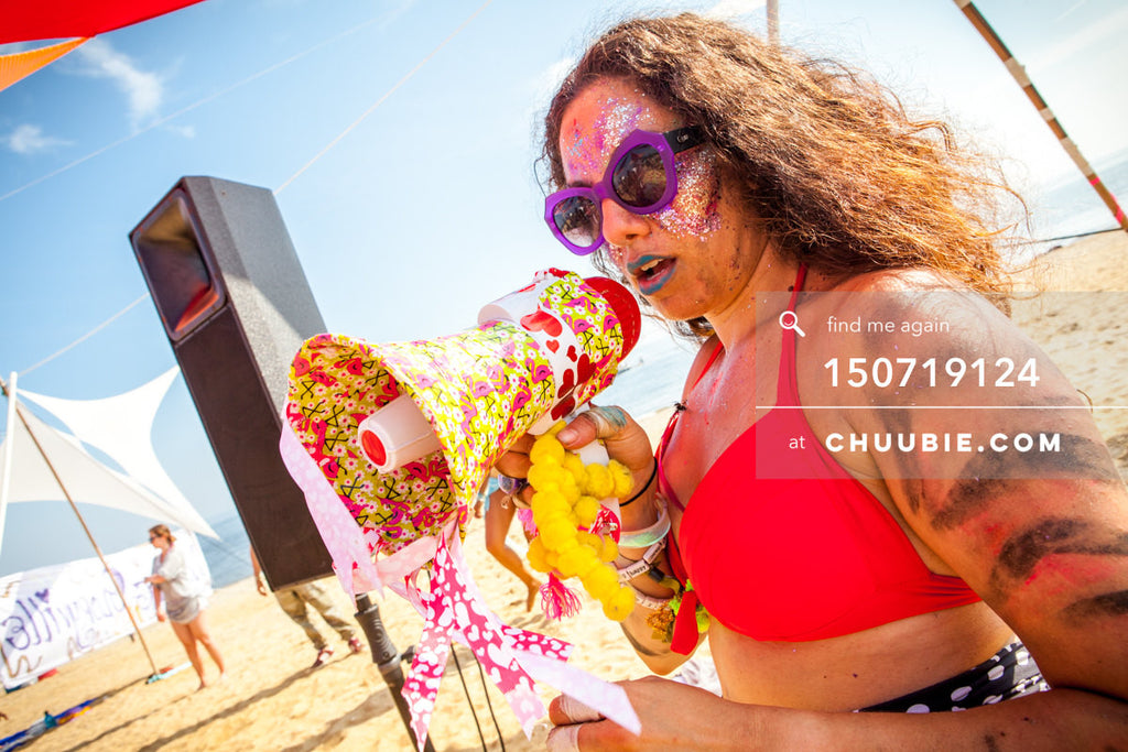 150719124 | 
Glittered patriotic lifeguard with wrapping paper megaphone.
—Gratitude Migration 2015: Summer D... | Team Chuubie