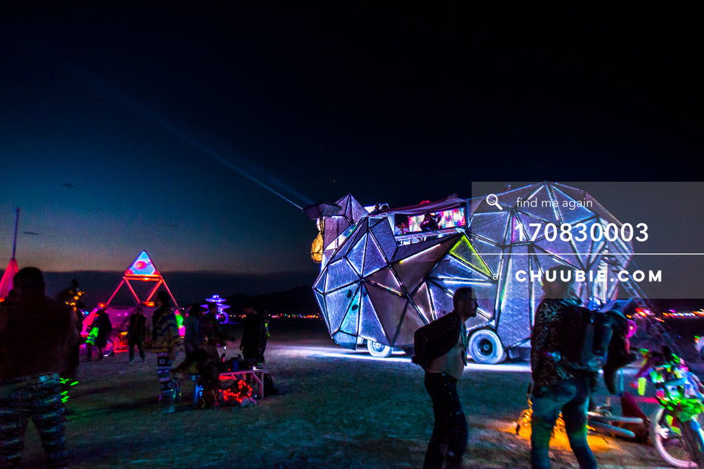 170830003 | 
The BAAAHS art car on the playa with Luster Cluster, Tuesday night of the burn near Wednesday mo... | Team Chuubie