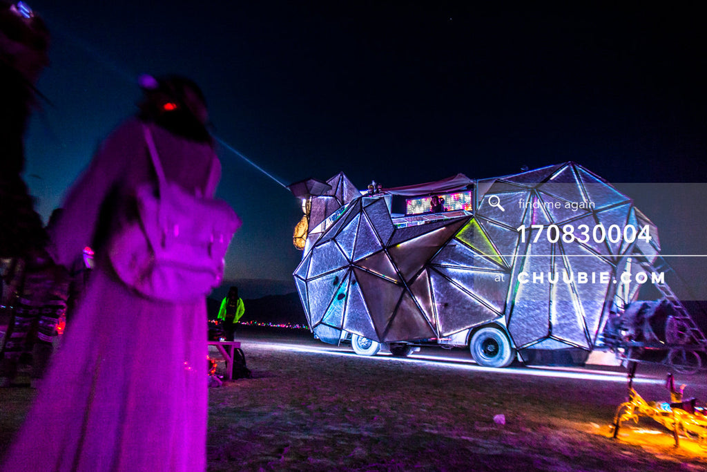 170830004 | 
The BAAAHS art car on the playa with Luster Cluster, Tuesday night of the burn near Wednesday mo... | Team Chuubie