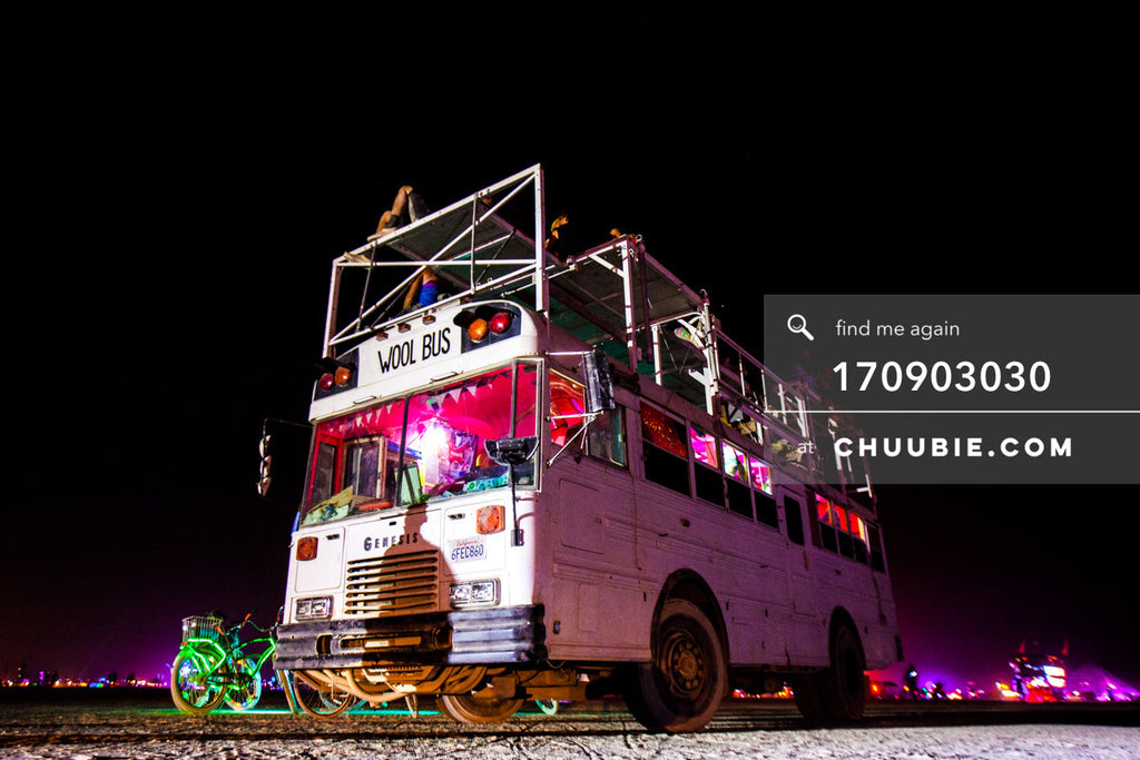 170903030 | 
Perspective shot of the WOOL BUS (BAAAHS camp's art bus) on the playa during Temple Burn (Sunday... | Team Chuubie