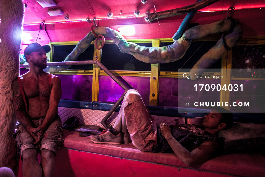 170904031 | 
Inside the BAAAHS all-pink, psychedelic, trippy gay sheep art car (aka. WOOL BUS) on Temple Burn... | Team Chuubie
