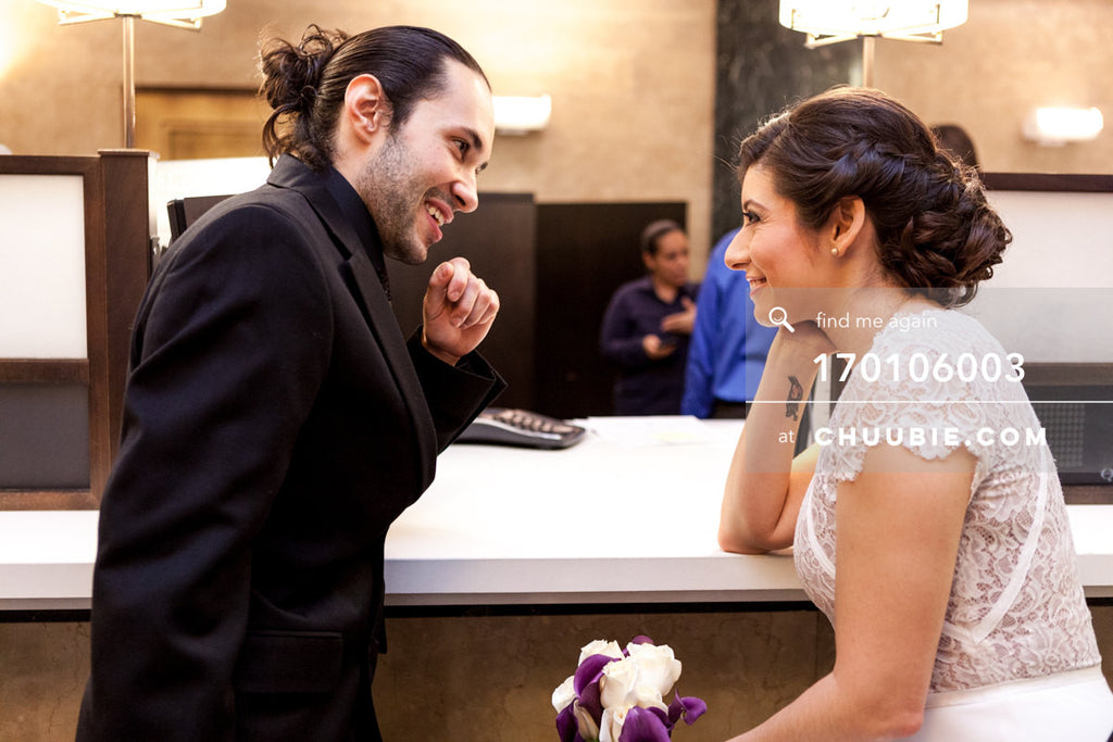 170106003 | Bride & Groom smiling at registration counter
—Jenn & Andres' NYC City Hall Wedding. City... | Team Chuubie
