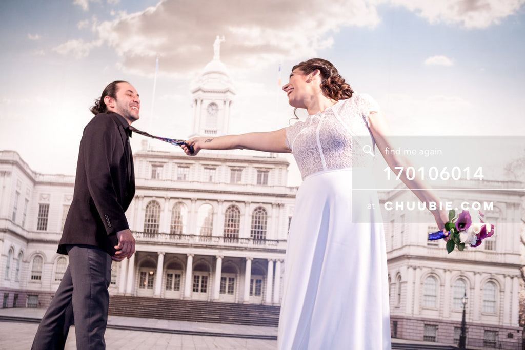 170106014 | Bride and groom pose in front of the City Hall studio backdrop
—Jenn & Andres' NYC City Hall ... | Team Chuubie