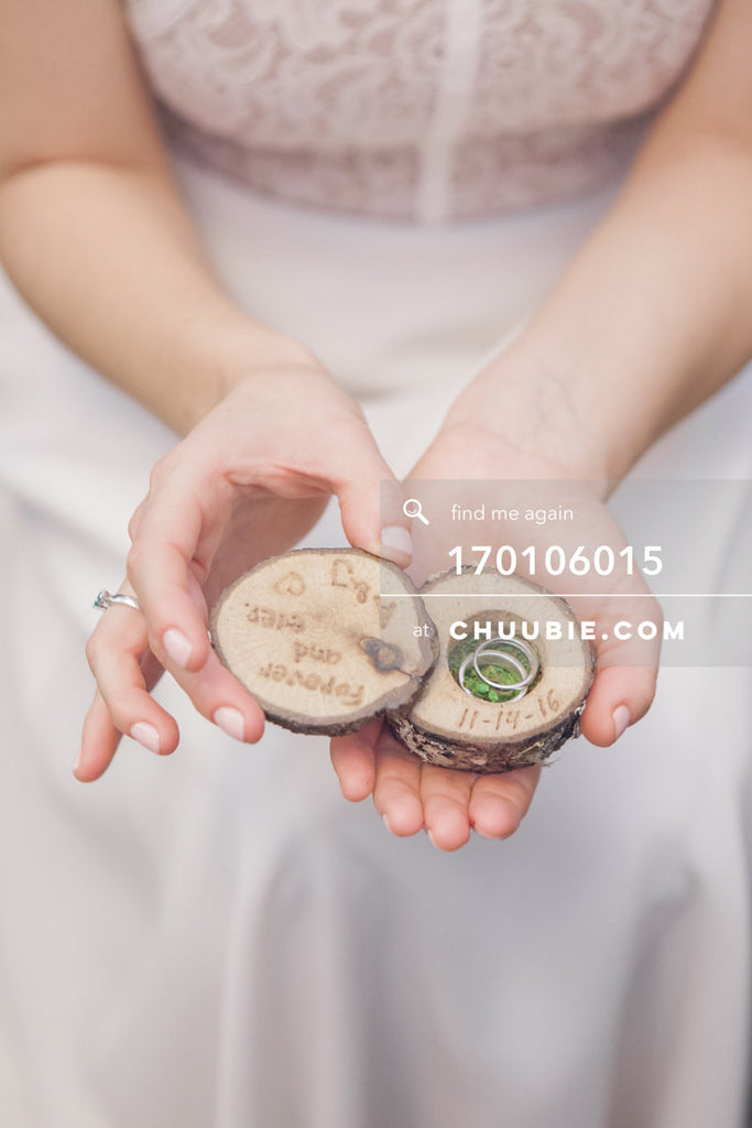 170106015 | Bride holds special custom wedding ring box: inscribed forest tree stump w/ rotating lid
—Jenn &a... | Team Chuubie