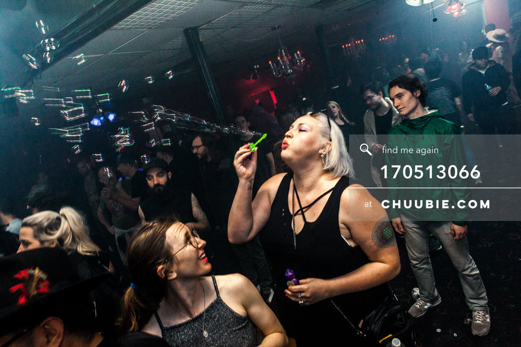 170512066 | 
Becky blows bubbles on the dance floor at the end of Hessle Audio 10 at Sugar Hill Disco, Brookl... | Team Chuubie