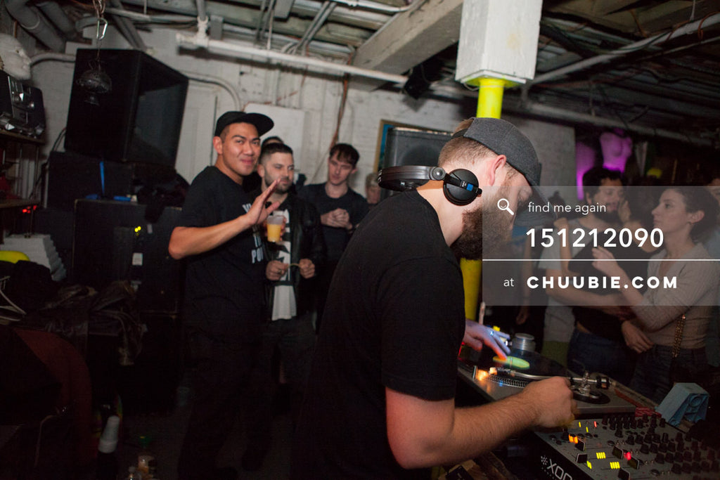 151212090 | 
DJ Sevron (Hugo Ball / SmartBar) spinning vinyl, Mike Servito smiling w/ Justin Cudmore, Alex at... | Team Chuubie