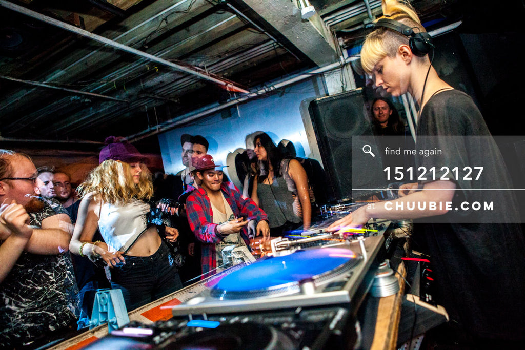 151212127 | 
DJ Volvox (Discwoman) at decks w/ dance floor crowd at Brooklyn warehouse party.
— Sublimate &am... | Team Chuubie