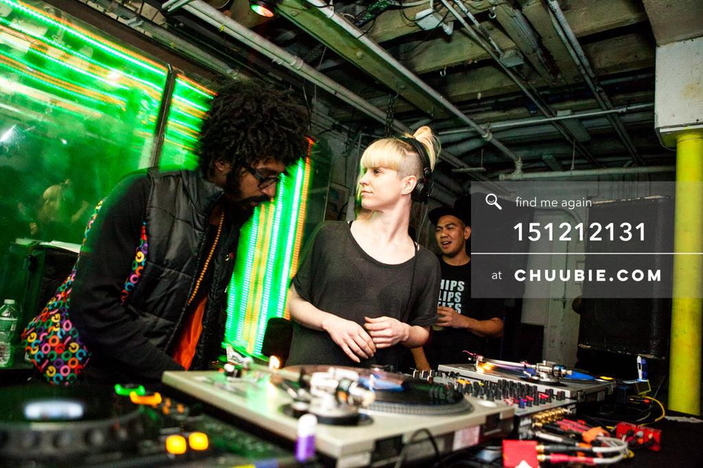 151212131 | 
DJs Turtle Bugg, Volvox (Discwoman), Mike Servito smiling at Brooklyn warehouse.
— Sublimate &am... | Team Chuubie