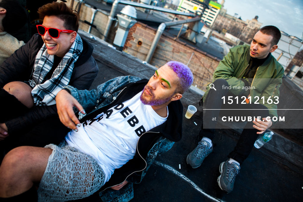 151212163 | 
Group portrait at sunrise on Brooklyn warehouse rooftop; queer rave fashions.
— Sublimate & ... | Team Chuubie