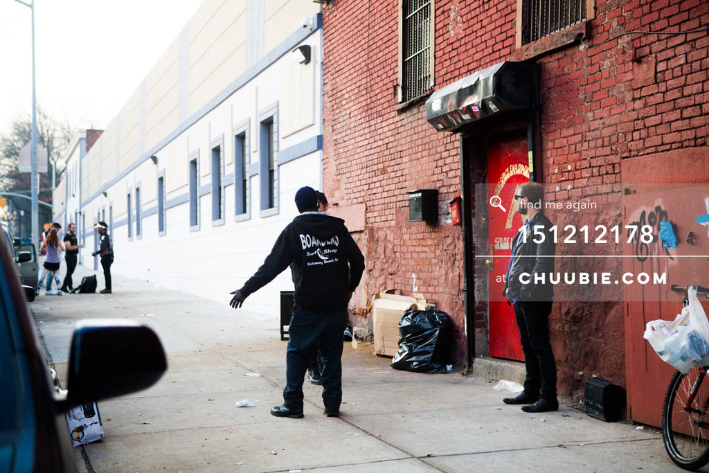 151212178 | 
After the party: Brooklyn morning street scenes. Various people on street and by red door for th... | Team Chuubie