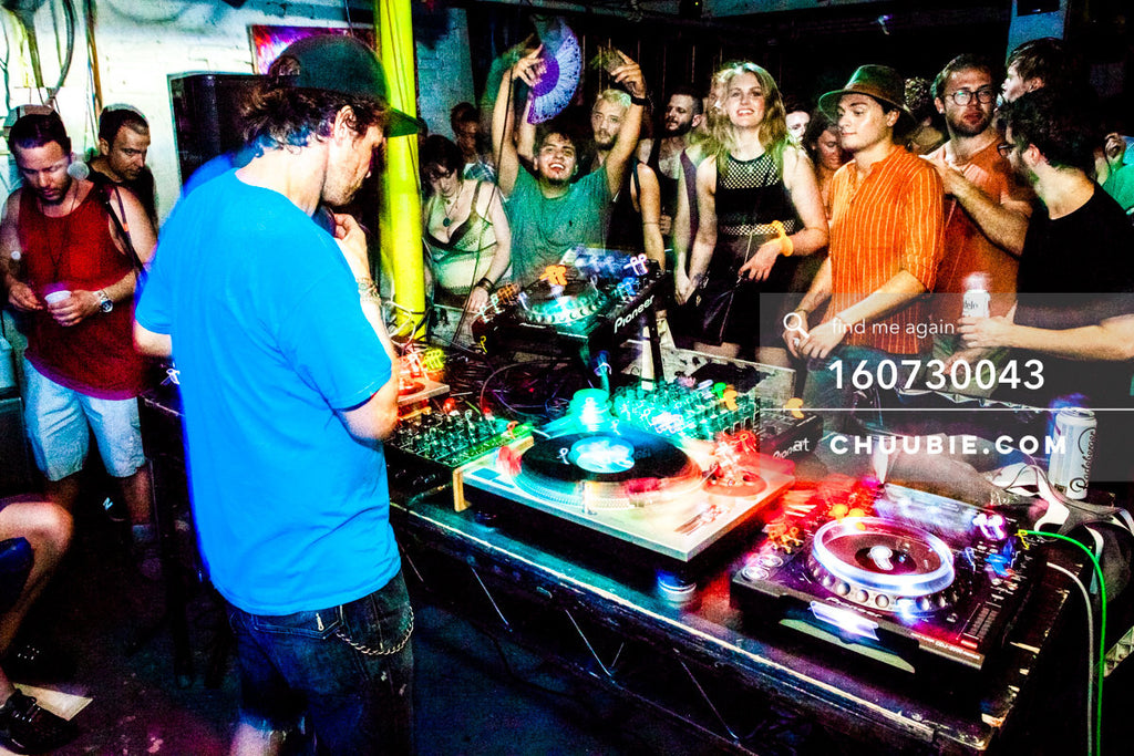 160730043 | DJ Donny Burlin w/ smiling dance floor crowd at Brooklyn warehouse rave.
— Sublimate & Ruse L... | Team Chuubie