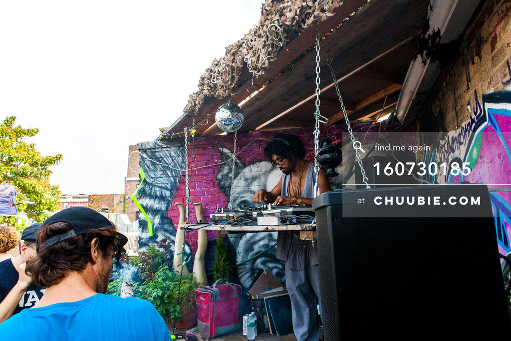 160730185 | Turtle Bugg (Turtle Bugg) DJing Brooklyn summer rooftop; graffiti wall disco ball.
— Sublimate &a... | Team Chuubie