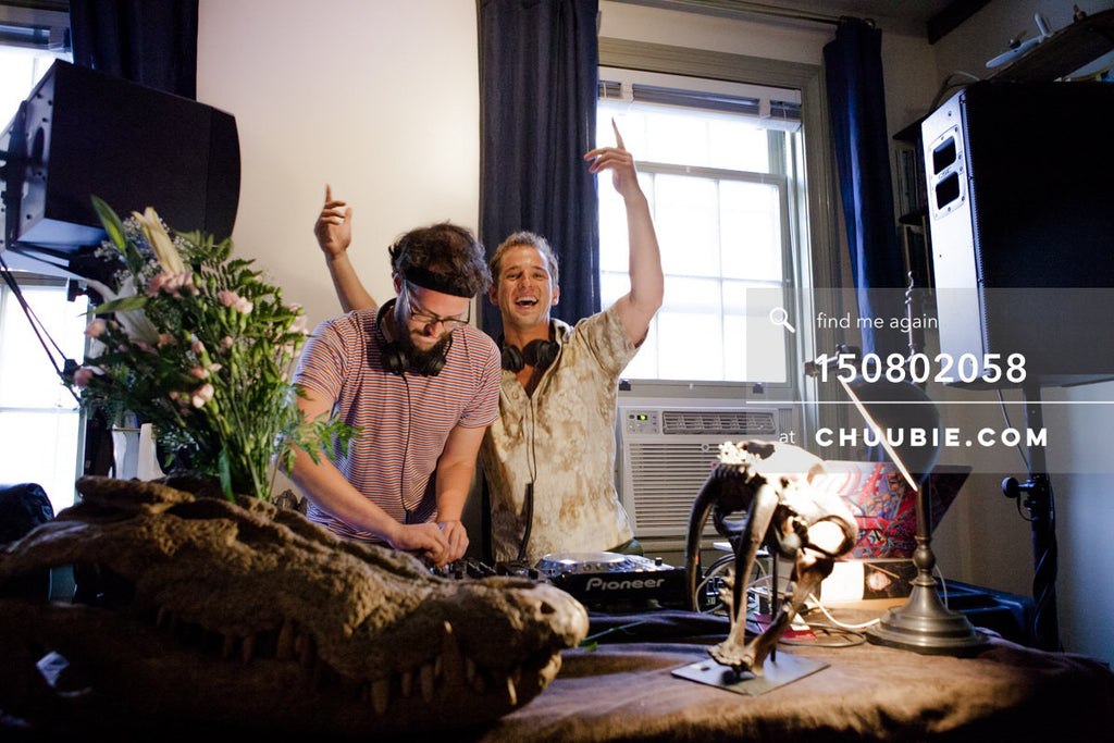 150802058 | Sagotsky & Gleitzman cheer behind the DJ decks at the Team Fun summer sessions.
—Team Fun BBQ... | Team Chuubie
